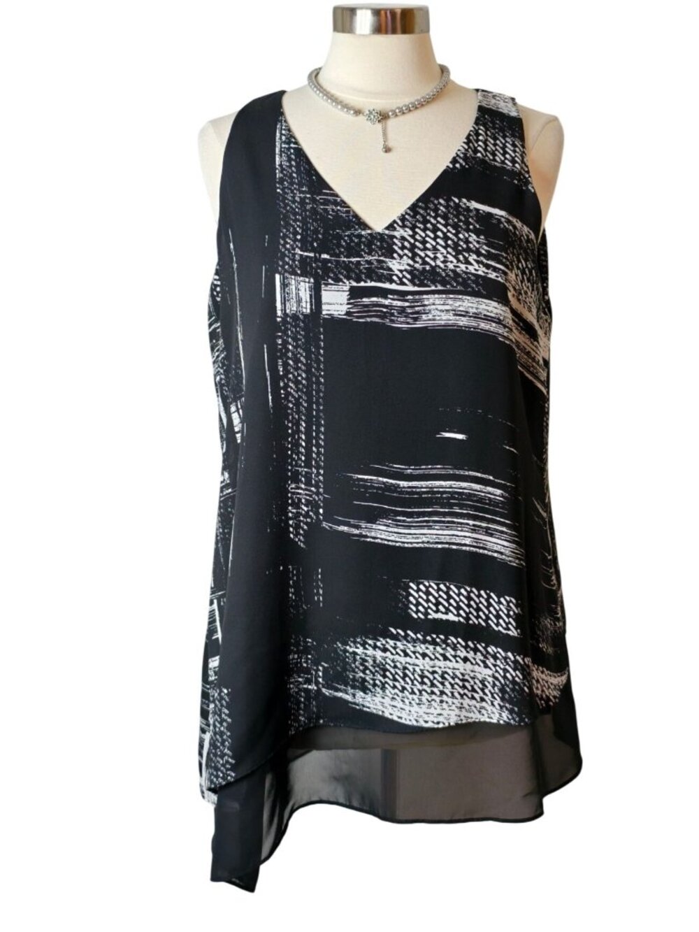 Zac & Rachel Womens L Chiffon Top Black White Slvlss Sheer Elegant Flowy Chic